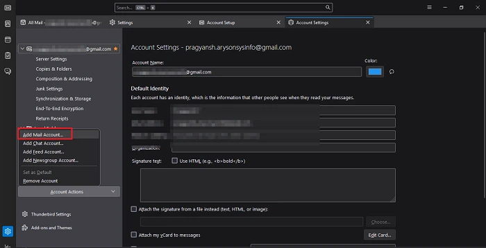 Account Settings > Account Actions > Add Mail Account